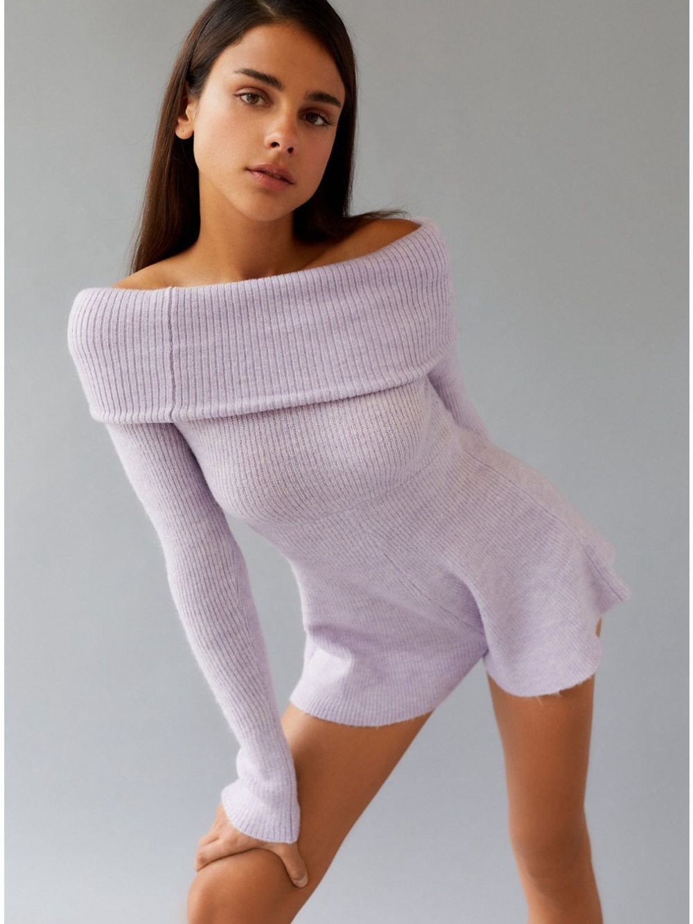 Urban Outfitter Off-Shoulder Lilac Ribbed Sweater Romper - Women